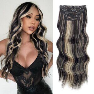 Vigorous Clip in Hair Extensions 20 Inch Black Mix Blonde Long Hair Extensions